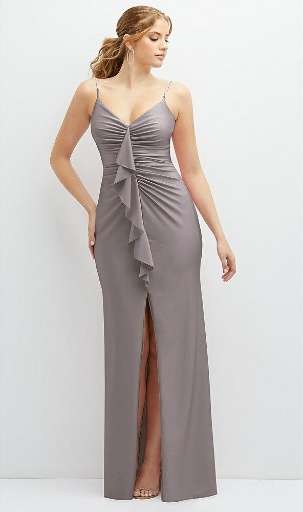 Front View - Cashmere Gray Rhinestone Strap Stretch Satin Maxi Dress with Vertical Cascade Ruffle