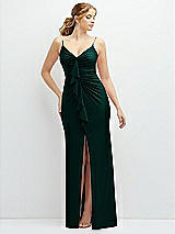 Front View Thumbnail - Evergreen Rhinestone Strap Stretch Satin Maxi Dress with Vertical Cascade Ruffle