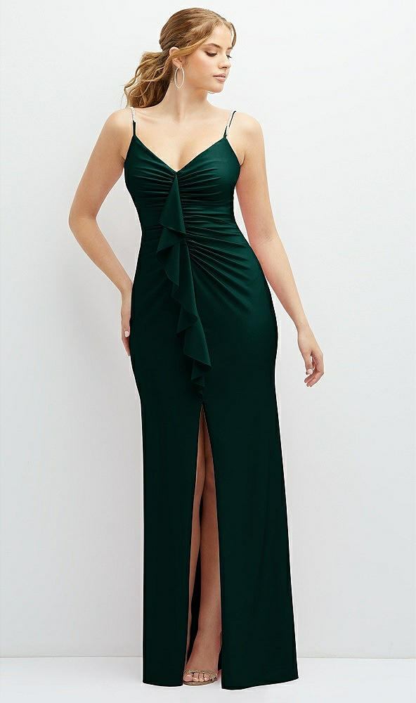 Front View - Evergreen Rhinestone Strap Stretch Satin Maxi Dress with Vertical Cascade Ruffle