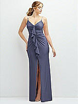 Front View Thumbnail - French Blue Rhinestone Strap Stretch Satin Maxi Dress with Vertical Cascade Ruffle
