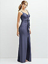 Side View Thumbnail - French Blue Rhinestone Strap Stretch Satin Maxi Dress with Vertical Cascade Ruffle