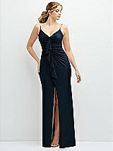 Front View Thumbnail - Midnight Navy Rhinestone Strap Stretch Satin Maxi Dress with Vertical Cascade Ruffle