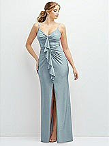 Front View Thumbnail - Mist Rhinestone Strap Stretch Satin Maxi Dress with Vertical Cascade Ruffle