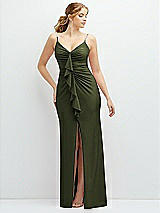 Front View Thumbnail - Olive Green Rhinestone Strap Stretch Satin Maxi Dress with Vertical Cascade Ruffle