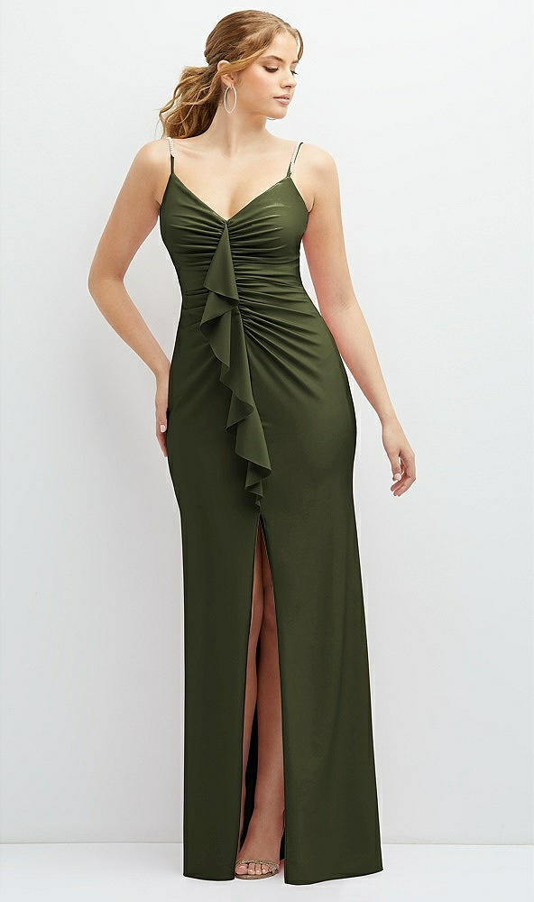 Front View - Olive Green Rhinestone Strap Stretch Satin Maxi Dress with Vertical Cascade Ruffle