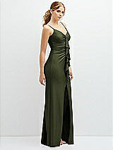 Side View Thumbnail - Olive Green Rhinestone Strap Stretch Satin Maxi Dress with Vertical Cascade Ruffle
