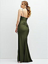 Rear View Thumbnail - Olive Green Rhinestone Strap Stretch Satin Maxi Dress with Vertical Cascade Ruffle