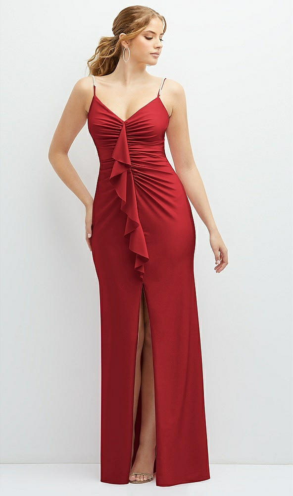 Front View - Poppy Red Rhinestone Strap Stretch Satin Maxi Dress with Vertical Cascade Ruffle