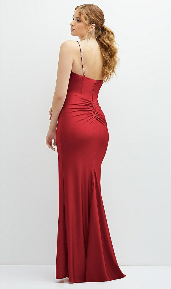 Back View - Poppy Red Rhinestone Strap Stretch Satin Maxi Dress with Vertical Cascade Ruffle