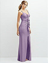 Side View Thumbnail - Pale Purple Rhinestone Strap Stretch Satin Maxi Dress with Vertical Cascade Ruffle