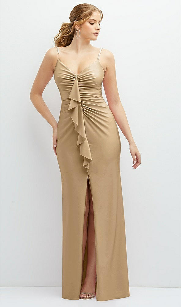 Front View - Soft Gold Rhinestone Strap Stretch Satin Maxi Dress with Vertical Cascade Ruffle