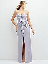 Front View Thumbnail - Silver Dove Rhinestone Strap Stretch Satin Maxi Dress with Vertical Cascade Ruffle