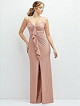 Front View Thumbnail - Toasted Sugar Rhinestone Strap Stretch Satin Maxi Dress with Vertical Cascade Ruffle