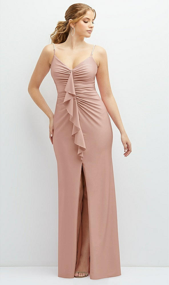Front View - Toasted Sugar Rhinestone Strap Stretch Satin Maxi Dress with Vertical Cascade Ruffle