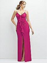 Front View Thumbnail - Think Pink Rhinestone Strap Stretch Satin Maxi Dress with Vertical Cascade Ruffle