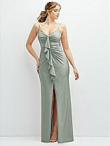 Front View Thumbnail - Willow Green Rhinestone Strap Stretch Satin Maxi Dress with Vertical Cascade Ruffle