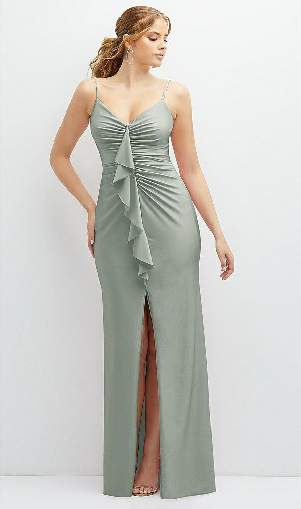 Front View - Willow Green Rhinestone Strap Stretch Satin Maxi Dress with Vertical Cascade Ruffle