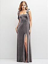 Front View Thumbnail - Caviar Gray Square Neck Velvet Maxi Dress with Bow Shoulders