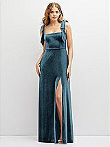 Front View Thumbnail - Dutch Blue Square Neck Velvet Maxi Dress with Bow Shoulders