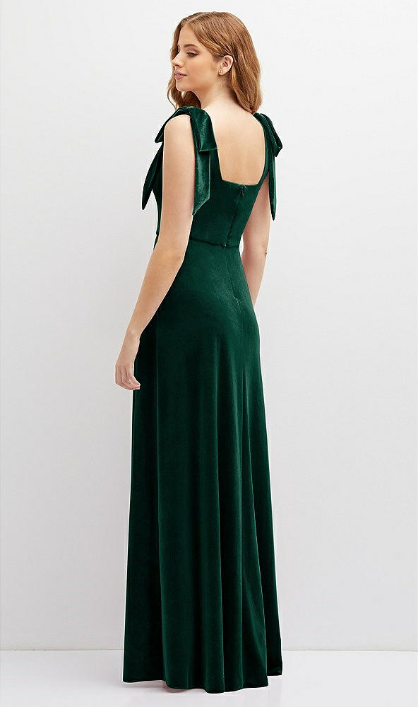 Back View - Evergreen Square Neck Velvet Maxi Dress with Bow Shoulders