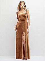 Front View Thumbnail - Golden Almond Square Neck Velvet Maxi Dress with Bow Shoulders
