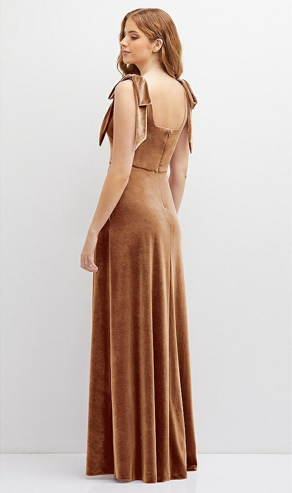 Back View - Golden Almond Square Neck Velvet Maxi Dress with Bow Shoulders