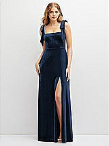 Front View Thumbnail - Midnight Navy Square Neck Velvet Maxi Dress with Bow Shoulders