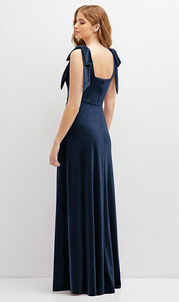 Back View - Midnight Navy Square Neck Velvet Maxi Dress with Bow Shoulders