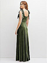 Rear View Thumbnail - Olive Green Square Neck Velvet Maxi Dress with Bow Shoulders