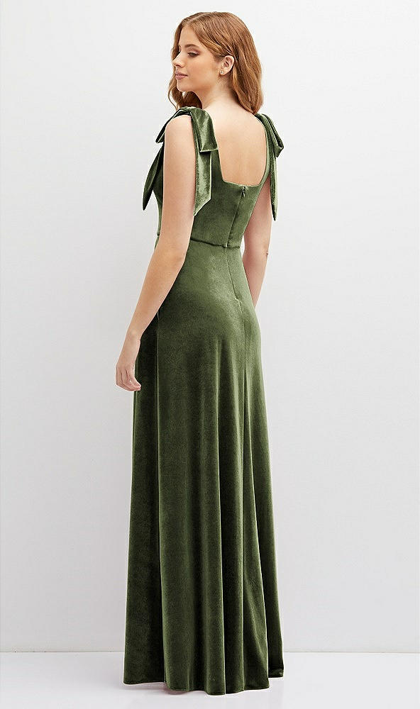 Back View - Olive Green Square Neck Velvet Maxi Dress with Bow Shoulders
