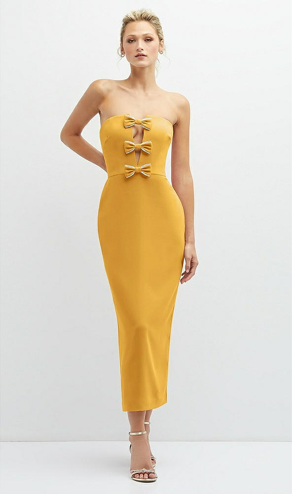 Front View - NYC Yellow Rhinestone Bow Trimmed Peek-a-Boo Deep-V Midi Dress with Pencil Skirt