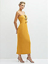 Side View Thumbnail - NYC Yellow Rhinestone Bow Trimmed Peek-a-Boo Deep-V Midi Dress with Pencil Skirt