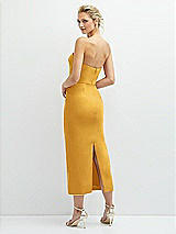 Rear View Thumbnail - NYC Yellow Rhinestone Bow Trimmed Peek-a-Boo Deep-V Midi Dress with Pencil Skirt