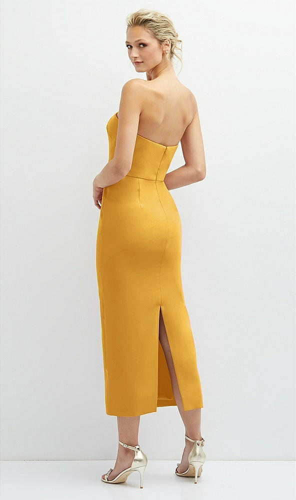 Back View - NYC Yellow Rhinestone Bow Trimmed Peek-a-Boo Deep-V Midi Dress with Pencil Skirt