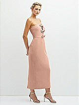 Side View Thumbnail - Pale Peach Rhinestone Bow Trimmed Peek-a-Boo Deep-V Midi Dress with Pencil Skirt