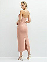 Rear View Thumbnail - Pale Peach Rhinestone Bow Trimmed Peek-a-Boo Deep-V Midi Dress with Pencil Skirt