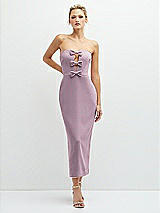 Front View Thumbnail - Suede Rose Rhinestone Bow Trimmed Peek-a-Boo Deep-V Midi Dress with Pencil Skirt