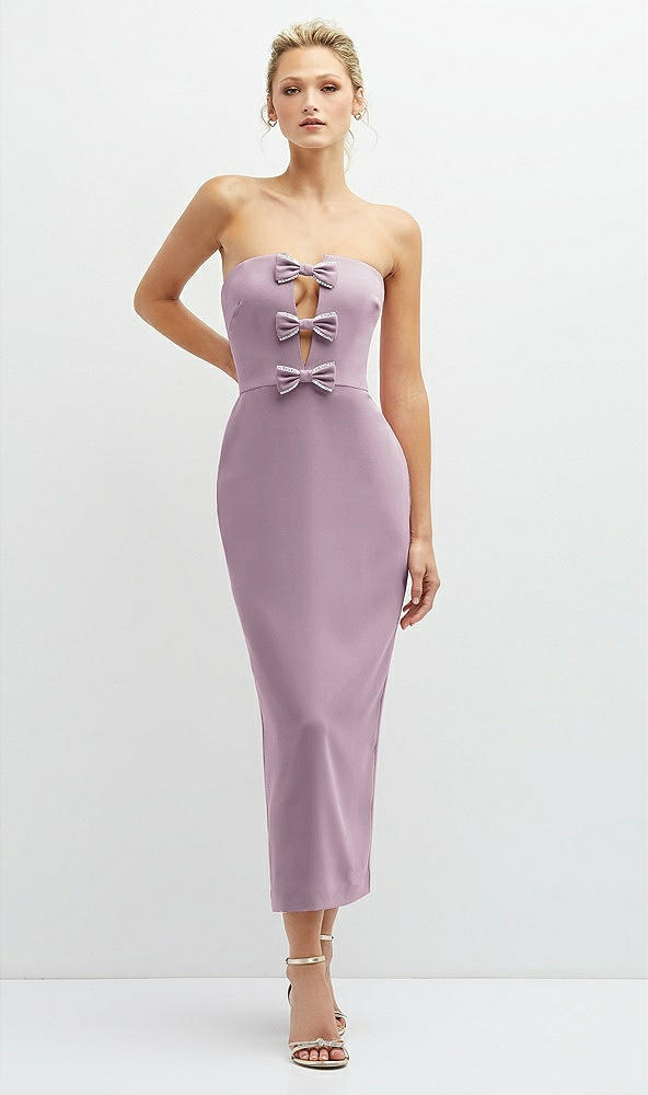 Front View - Suede Rose Rhinestone Bow Trimmed Peek-a-Boo Deep-V Midi Dress with Pencil Skirt