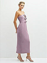 Side View Thumbnail - Suede Rose Rhinestone Bow Trimmed Peek-a-Boo Deep-V Midi Dress with Pencil Skirt