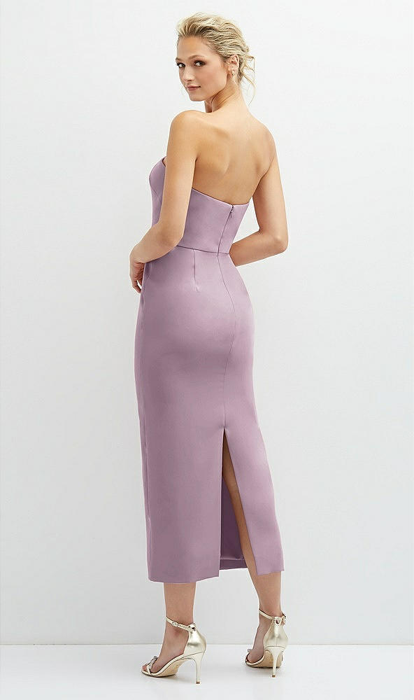 Back View - Suede Rose Rhinestone Bow Trimmed Peek-a-Boo Deep-V Midi Dress with Pencil Skirt