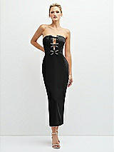 Front View Thumbnail - Black Rhinestone Bow Trimmed Peek-a-Boo Deep-V Midi Dress with Pencil Skirt
