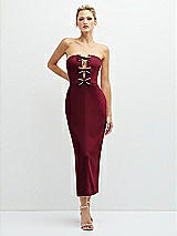 Front View Thumbnail - Burgundy Rhinestone Bow Trimmed Peek-a-Boo Deep-V Midi Dress with Pencil Skirt