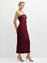 Side View Thumbnail - Burgundy Rhinestone Bow Trimmed Peek-a-Boo Deep-V Midi Dress with Pencil Skirt