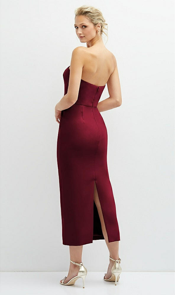 Back View - Burgundy Rhinestone Bow Trimmed Peek-a-Boo Deep-V Midi Dress with Pencil Skirt