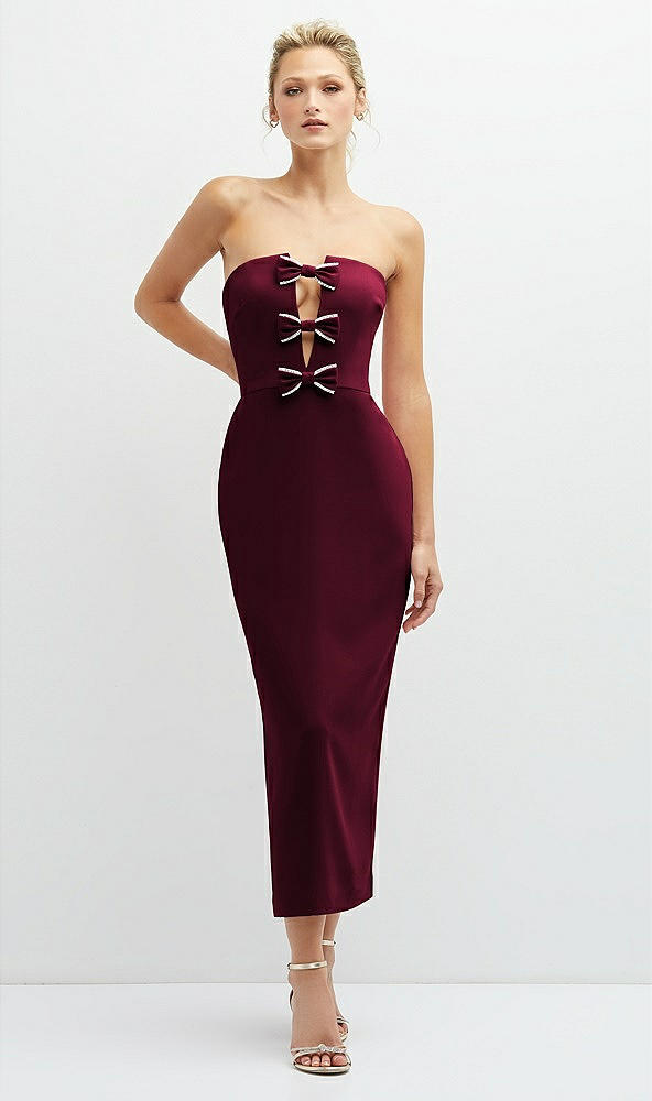 Front View - Cabernet Rhinestone Bow Trimmed Peek-a-Boo Deep-V Midi Dress with Pencil Skirt