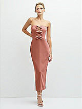 Front View Thumbnail - Desert Rose Rhinestone Bow Trimmed Peek-a-Boo Deep-V Midi Dress with Pencil Skirt