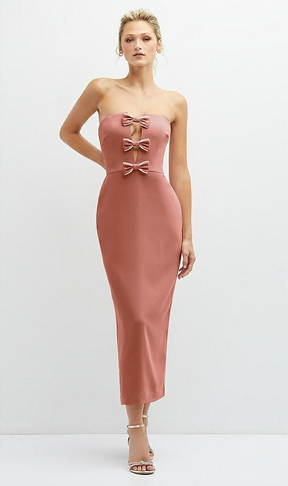 Front View - Desert Rose Rhinestone Bow Trimmed Peek-a-Boo Deep-V Midi Dress with Pencil Skirt