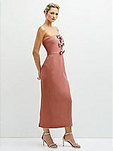 Side View Thumbnail - Desert Rose Rhinestone Bow Trimmed Peek-a-Boo Deep-V Midi Dress with Pencil Skirt
