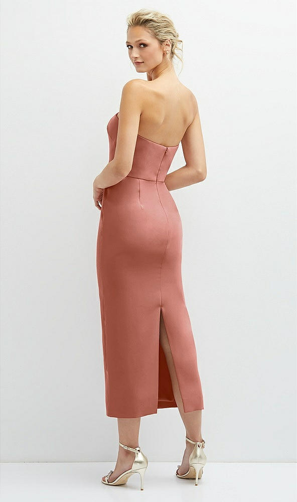 Back View - Desert Rose Rhinestone Bow Trimmed Peek-a-Boo Deep-V Midi Dress with Pencil Skirt