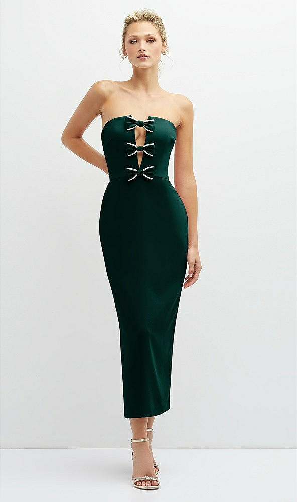 Front View - Evergreen Rhinestone Bow Trimmed Peek-a-Boo Deep-V Midi Dress with Pencil Skirt
